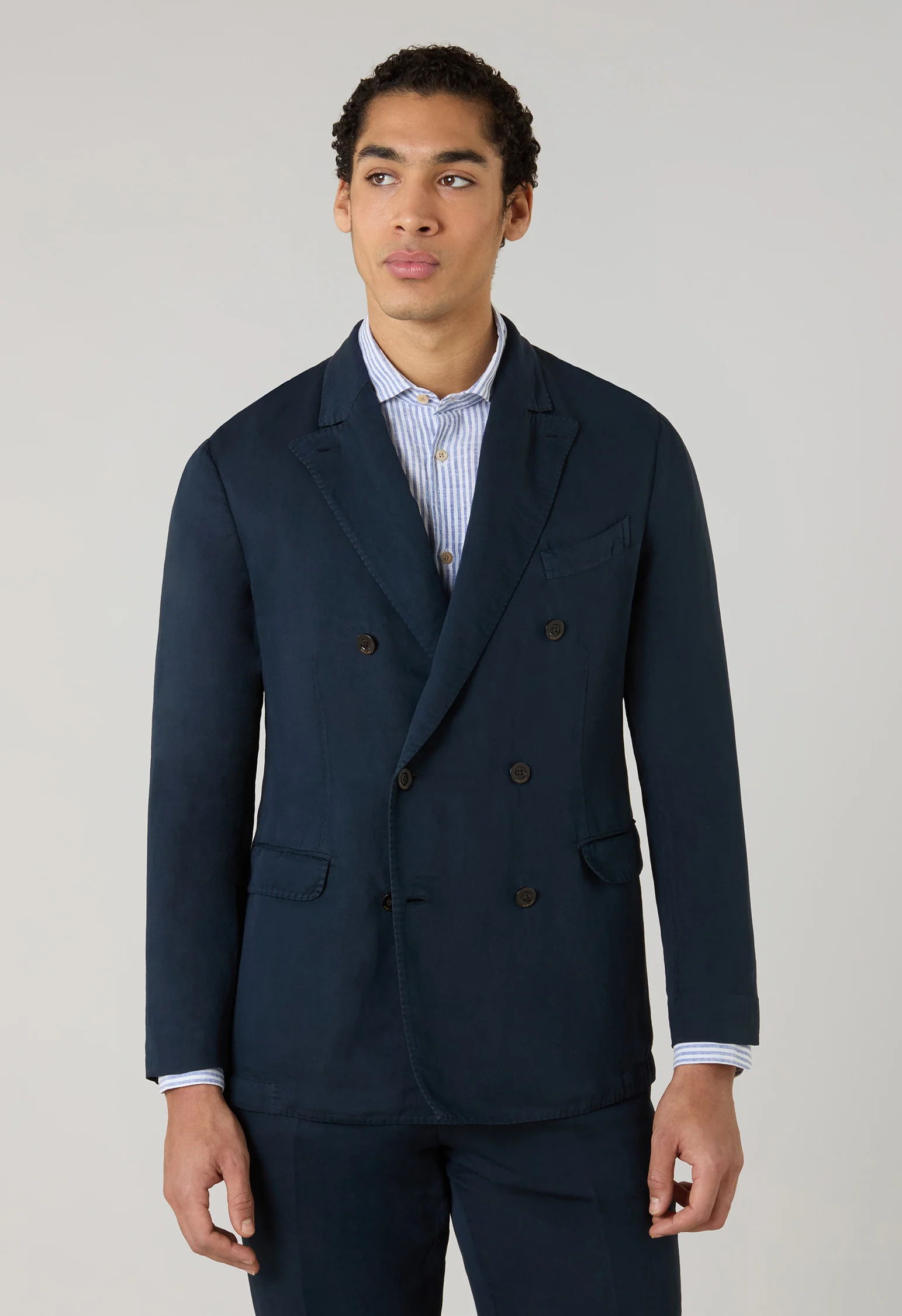 Abito Dover doppiopetto in cotone e lino satin tinto in capo blu - Image 3