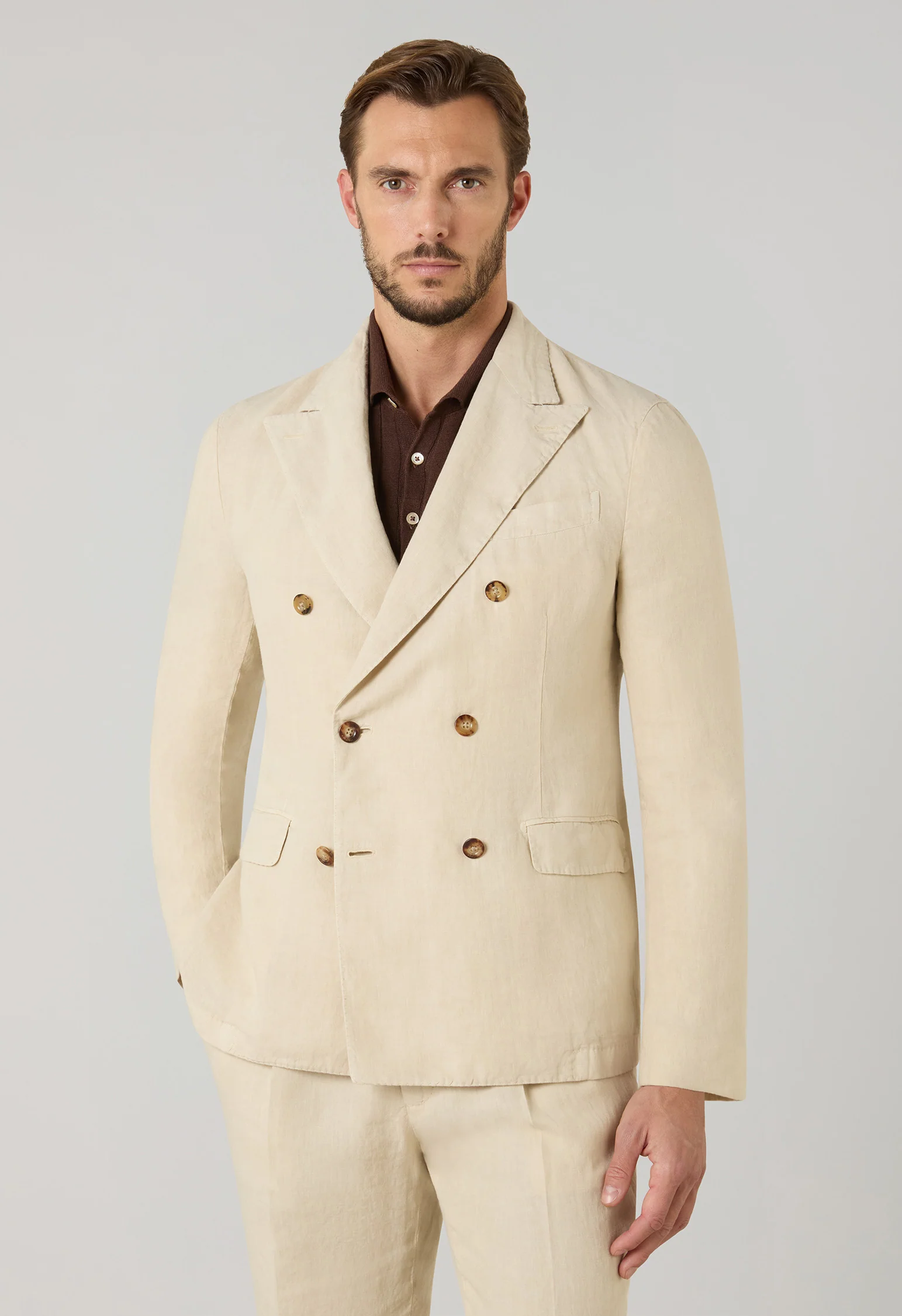 Abito Dover doppiopetto in lino tinto in capo beige - Image 3