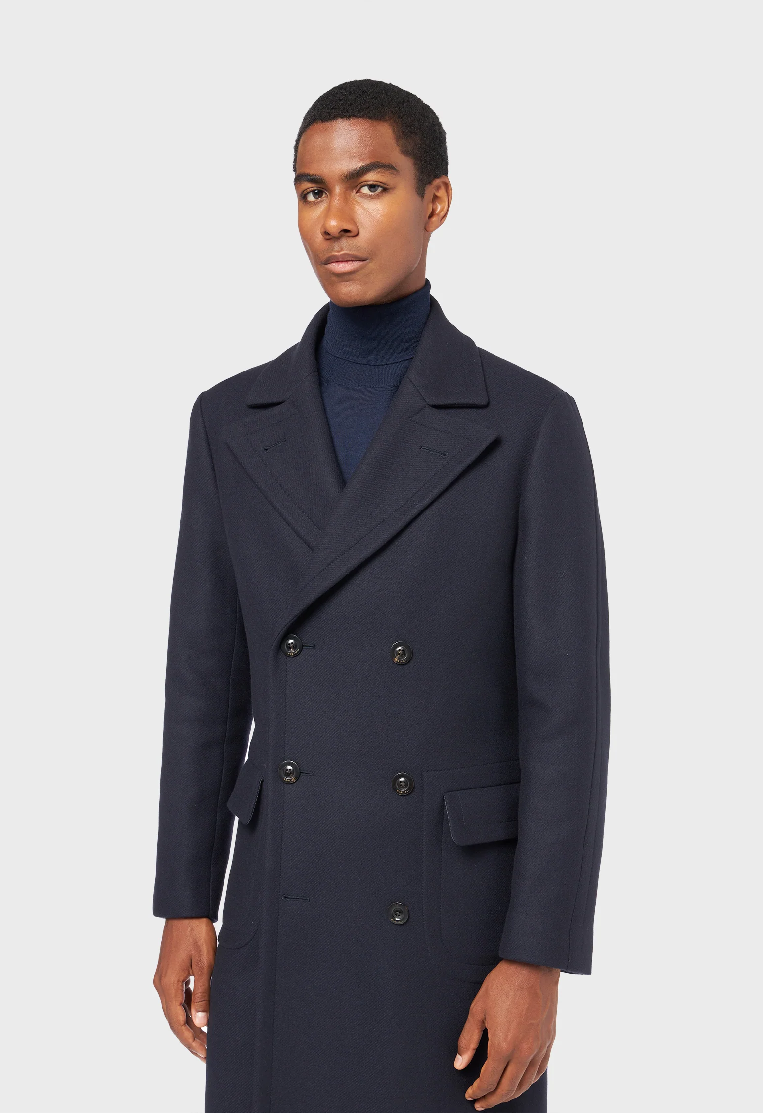 Cappotto doppiopetto in lana vergine e cashmere blu - Image 3