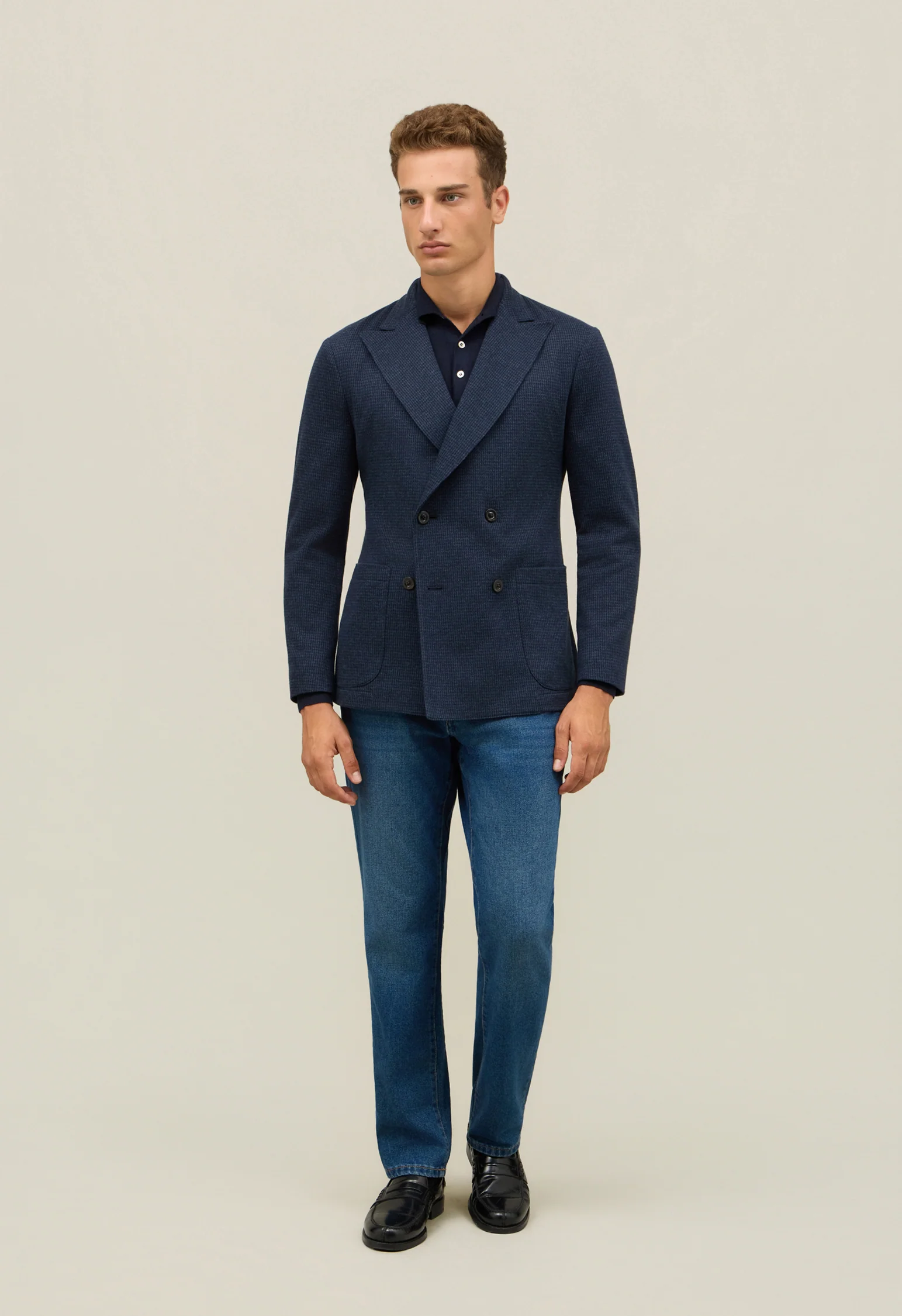 Giacca easy doppiopetto in jersey pied-de-poule blu
