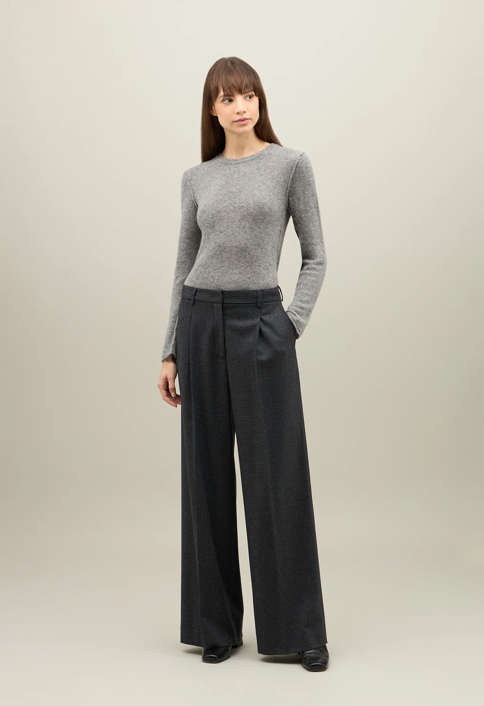 Pantalone wide-leg in flanella Principe di Galles grigio