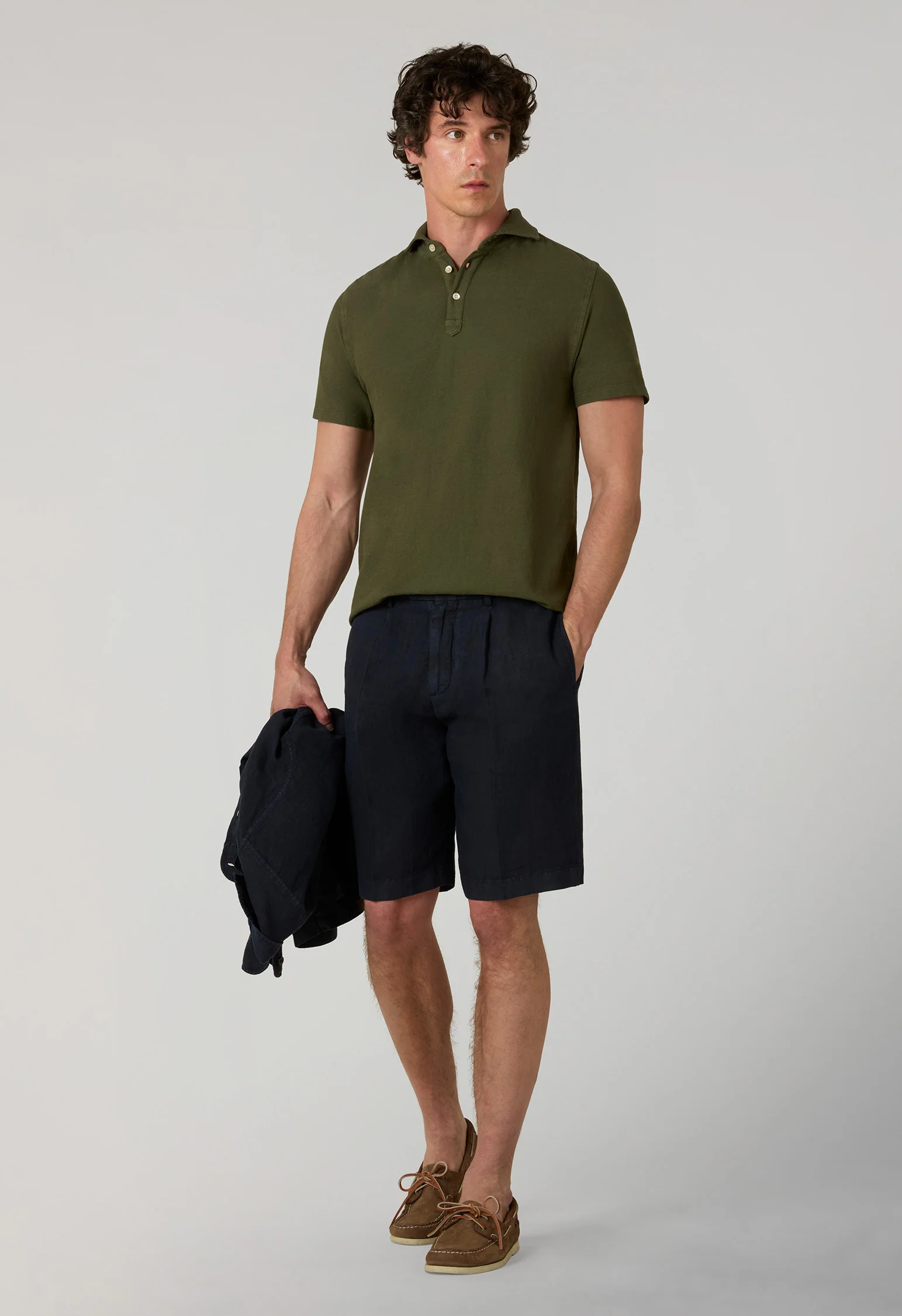 Polo a maniche corte in cotone e lino khaki scuro - Image 3